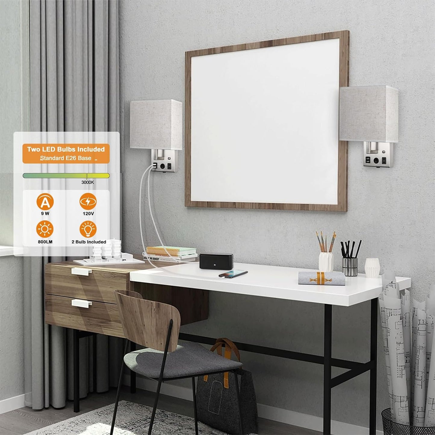 CADUKE Bedside Wall Lamp Set of 2, Plug in Wall Light with USB Charging Ports and AC Outlet Socket, Brushed Nickel