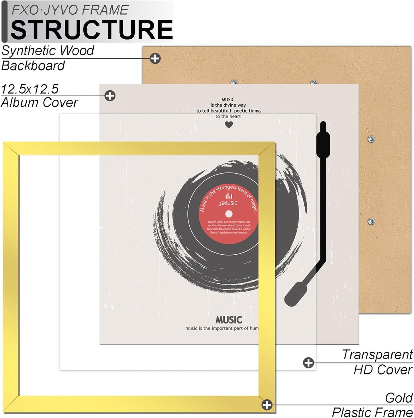 Vinyl Record Frame Display for 12 inch LP with 12.5x12.5 Album Cover | Gold 12.5 x 12.5 Frame Light Weight with