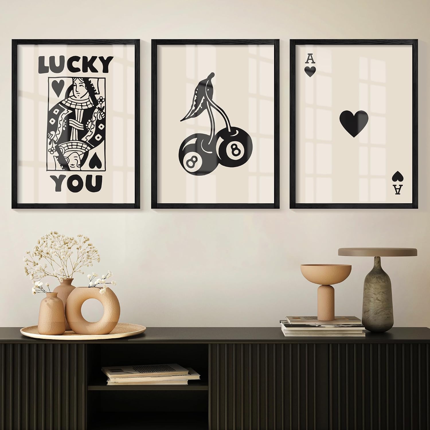 Heiple Framed Set of 3 Poker Wall Art Lucky You Poster, Trendy Retro Print Wall Decor for Queen of Hearts Wall Art