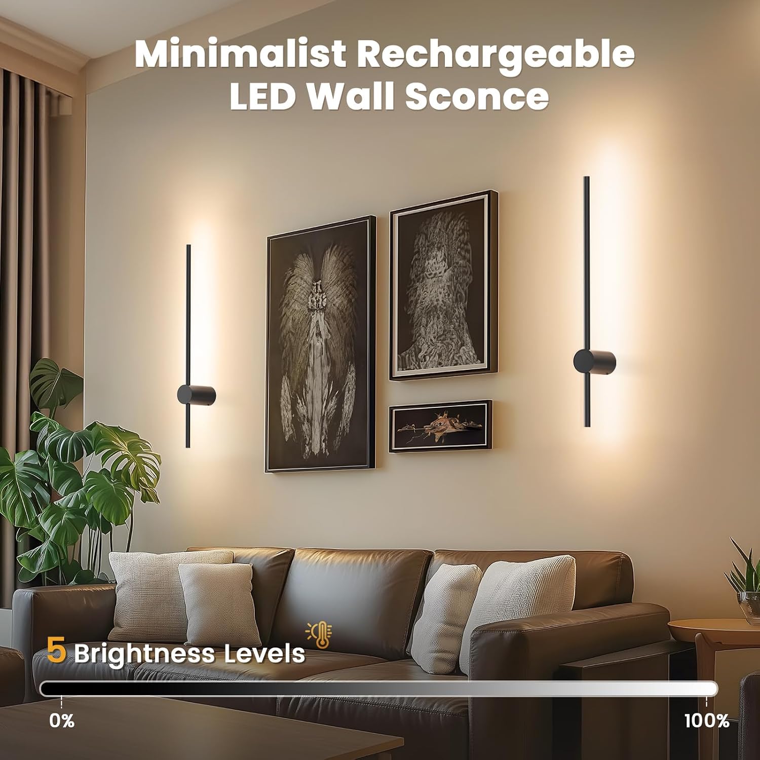 24 Inch Battery Operated Wall Sconce Set of 2,Black Minimalist Rechargeable LED Wall Lights with Remote, 10 Colors