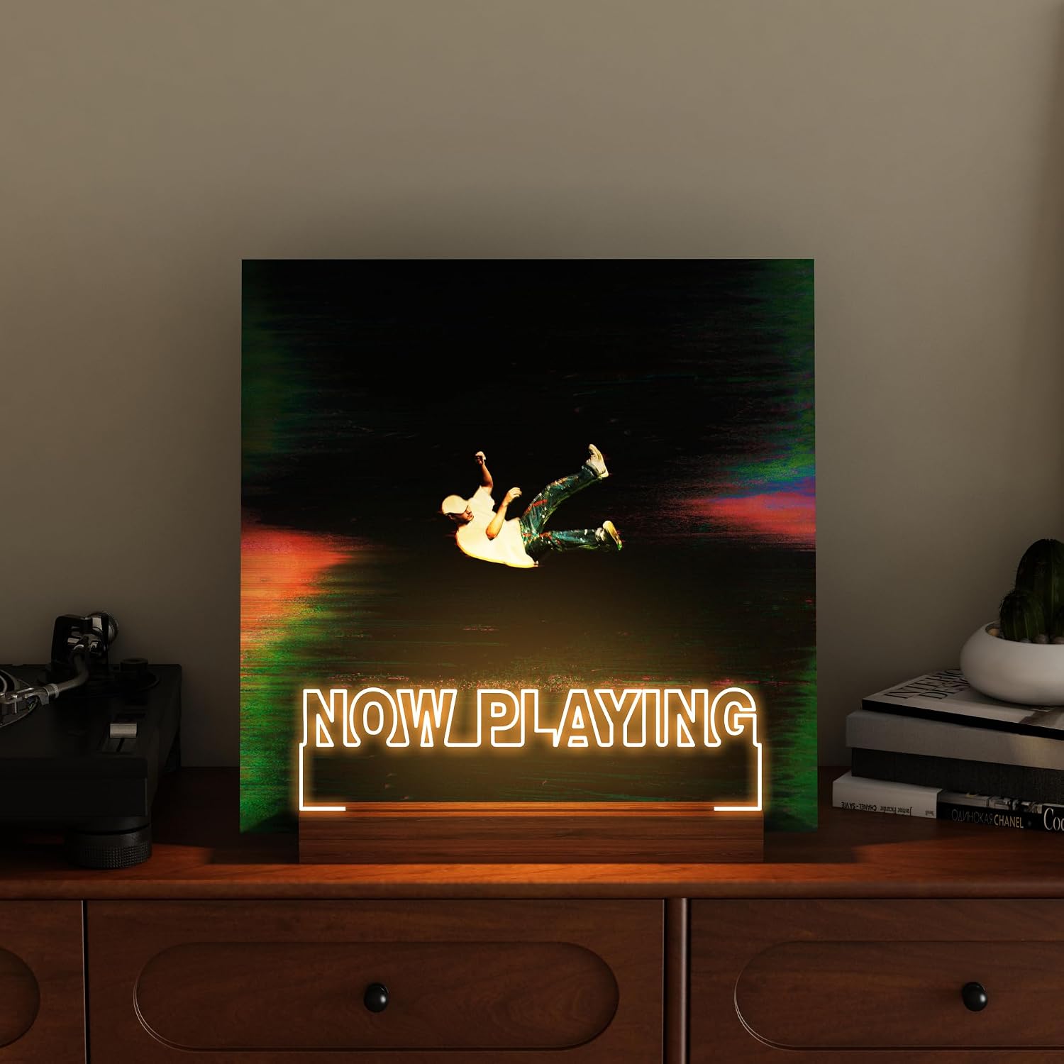 CoolGift Mart Now Playing Vinyl Record Stand, Light up Record Holder, Wooden Acrylic Display with Warm White Lights for