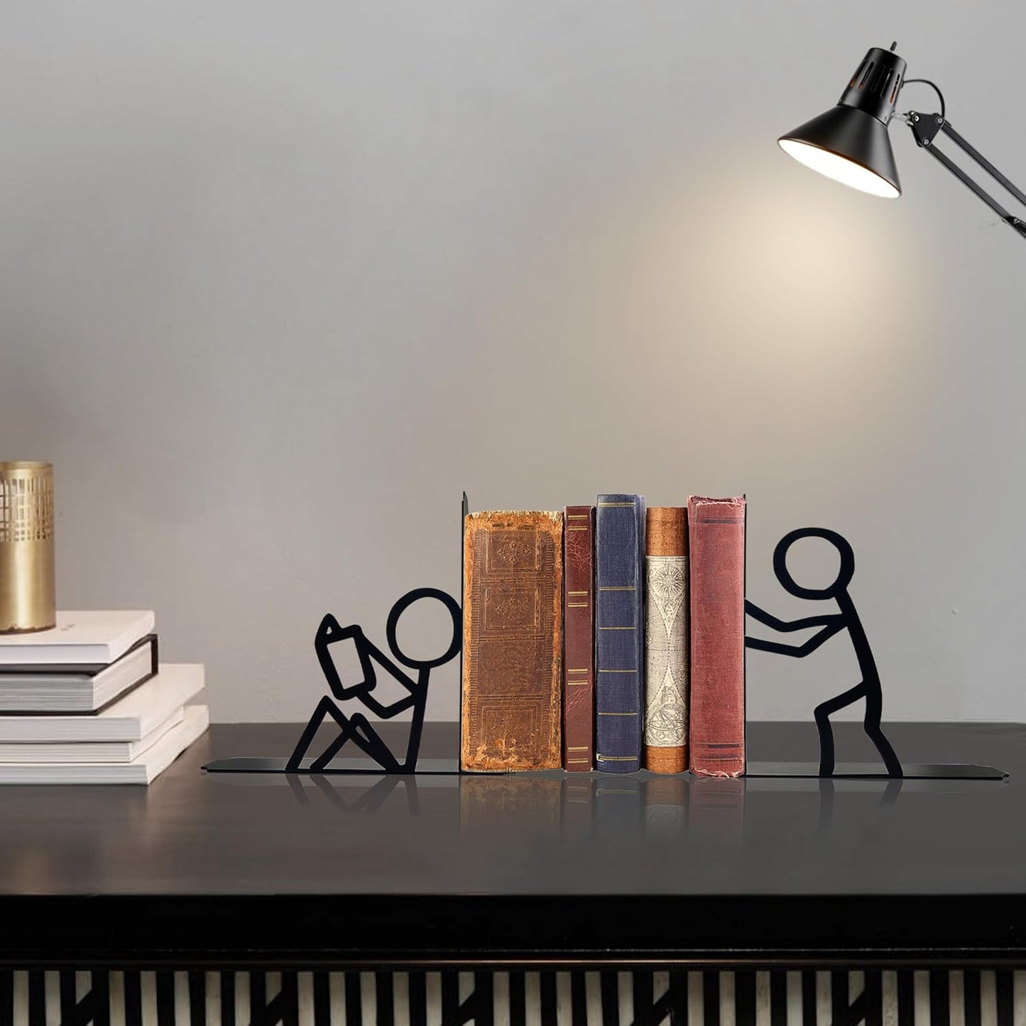 Bookends Decorative Metal Unique Office Desk Bookends Book Ends Reading Decor Bookshelf / Black