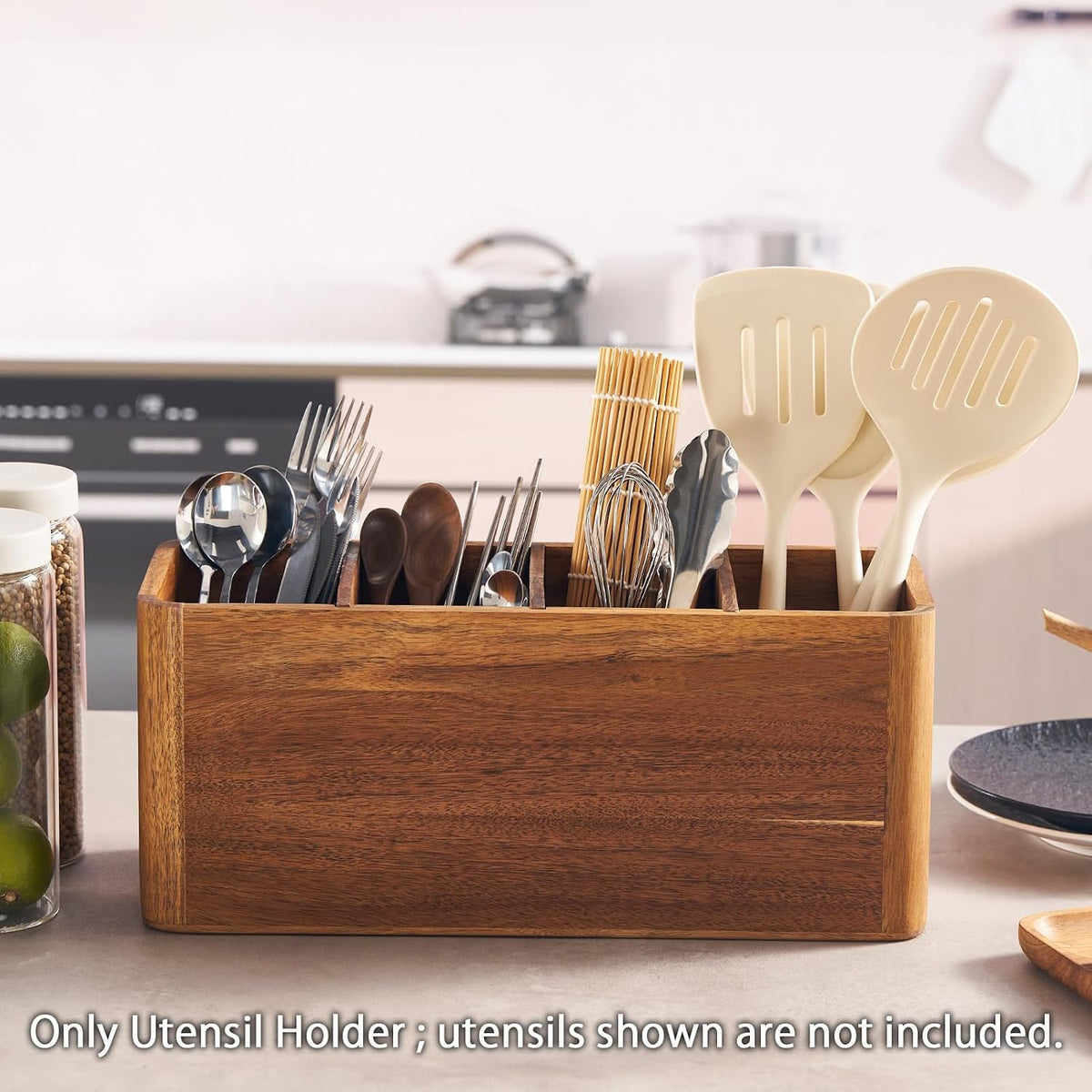 16" Wooden Kitchen Utensil Holder, Extra Large Acacia Wood Organizer for Cooking Tools, Utensils & Cutlery Storage –