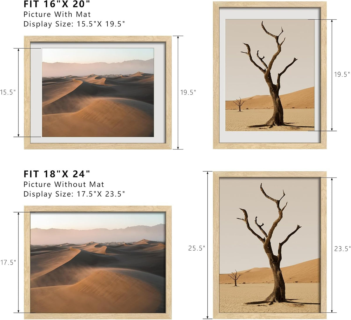 18x24 Poster Frames - 3 Pack, Natural Solid Wood Picture Wide Border Frame, Display 16x20 with Mat or 18 x 24 Without