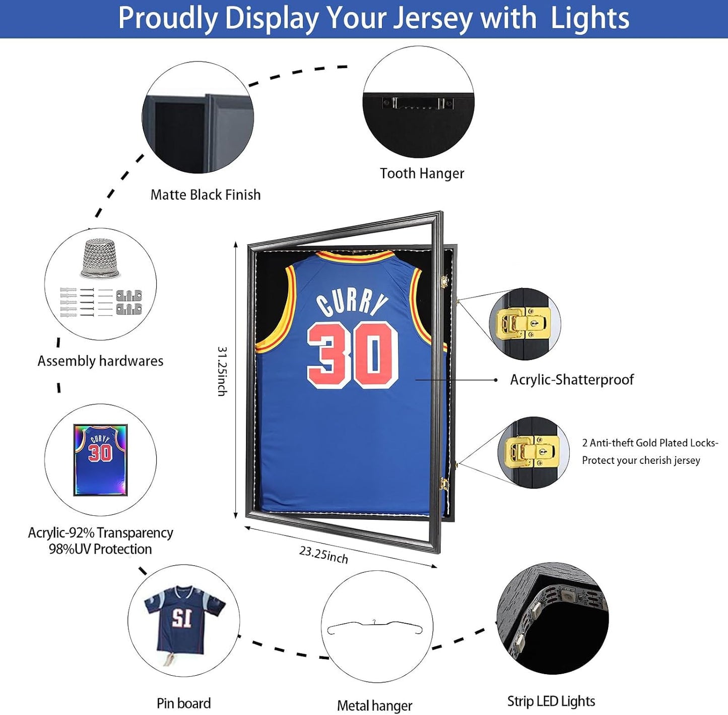 LED Large Lockable Jersey Shadow Box UV Acrylic for Sports Jersey | LED remote lights,shatterproof acrylic,anti-theft
