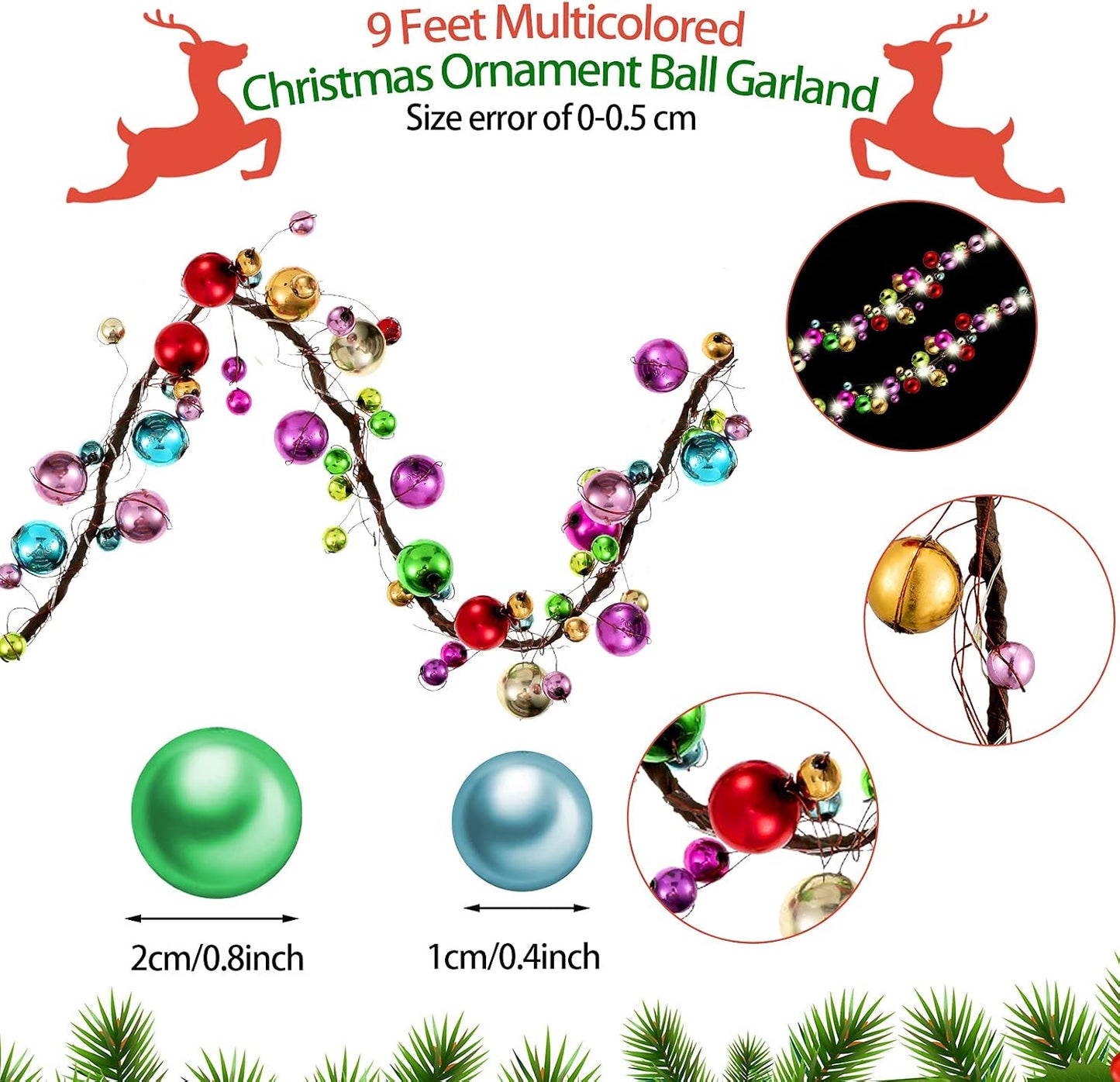WILLBOND 4 Sets Colorful 9 ft Christmas Ball Garland Ball Ornament Hanging Baubles Garland with LED Lights for