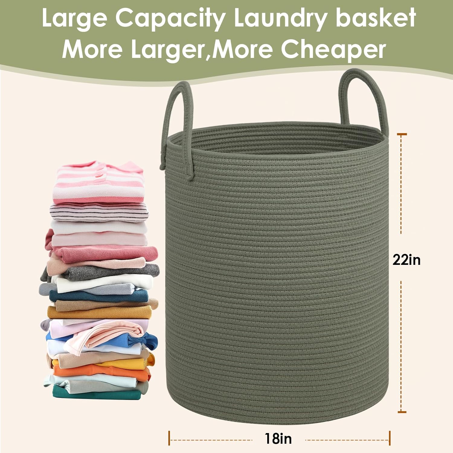 Laundry Basket / Cotton Rope Storage Basket / Green / 100L / 18 x 18 x 22