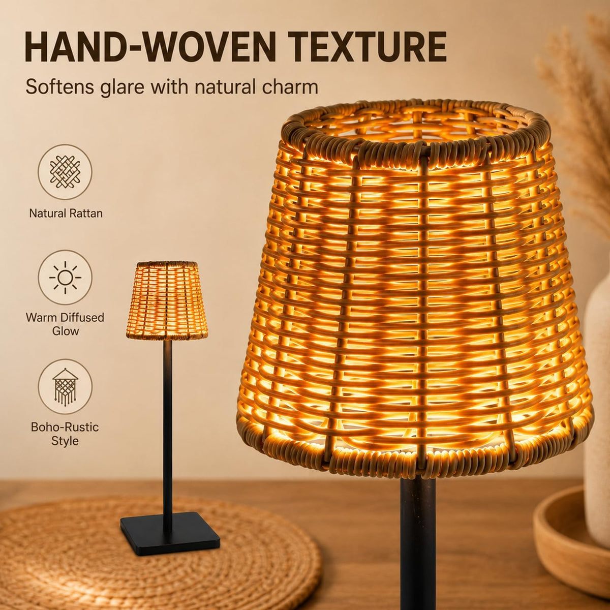 2 Pack Rattan Table Lamp, Rechargeable Small Wicker Lamp | Wedding Cordless Boho Rattan Lamp Shade with Dimmable LED