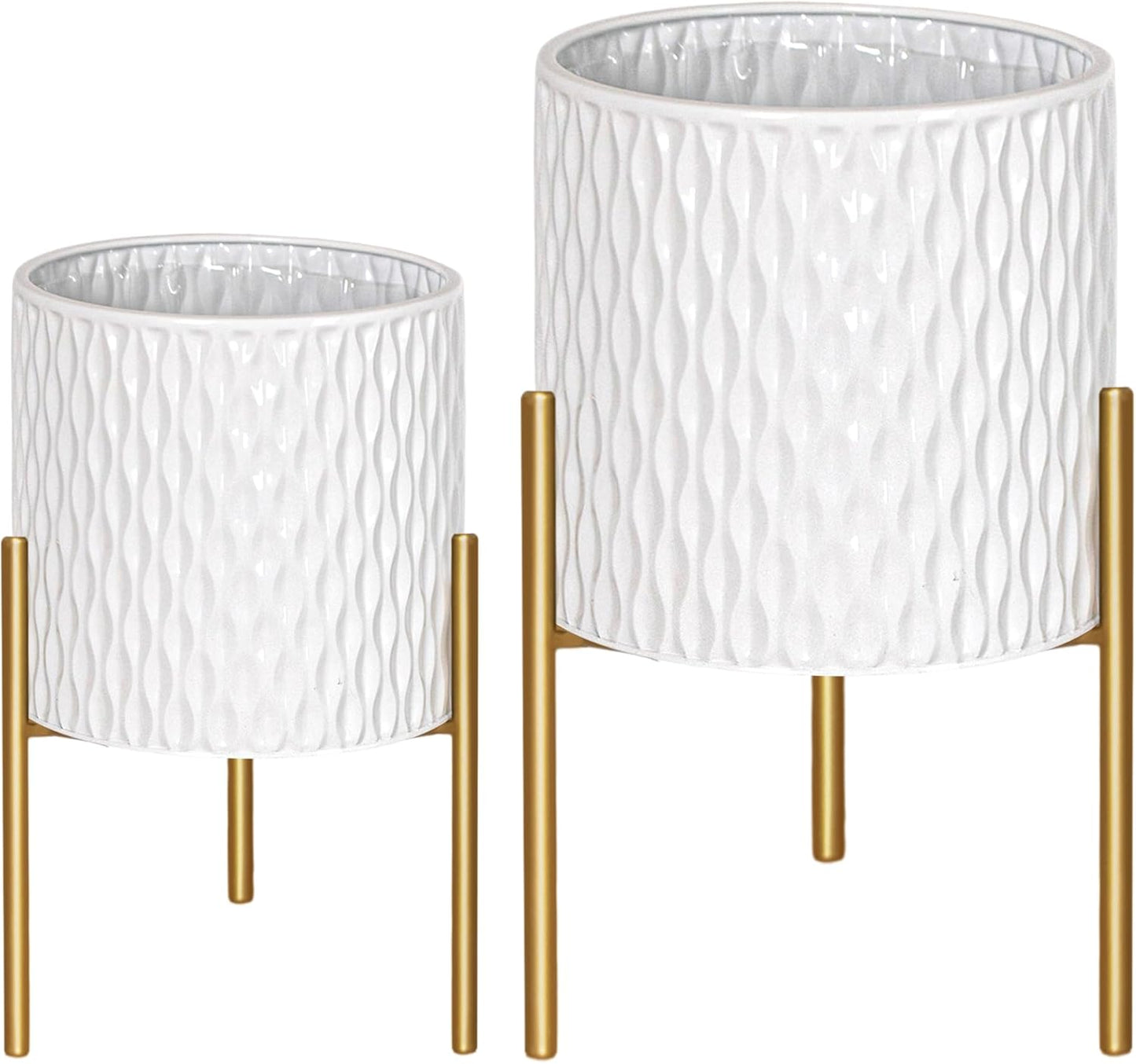 ARNIS Plants Pots with Stand, Set of 2 Planters, Unique Mid Century Decorative Metal Flower Pots with Drainage, 10.5 &