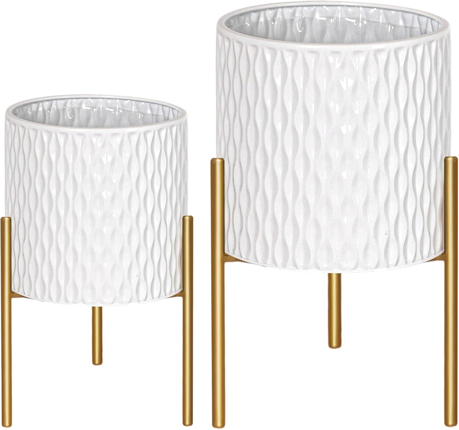 ARNIS Plants Pots with Stand, Set of 2 Planters, Unique Mid Century Decorative Metal Flower Pots with Drainage, 10.5 &