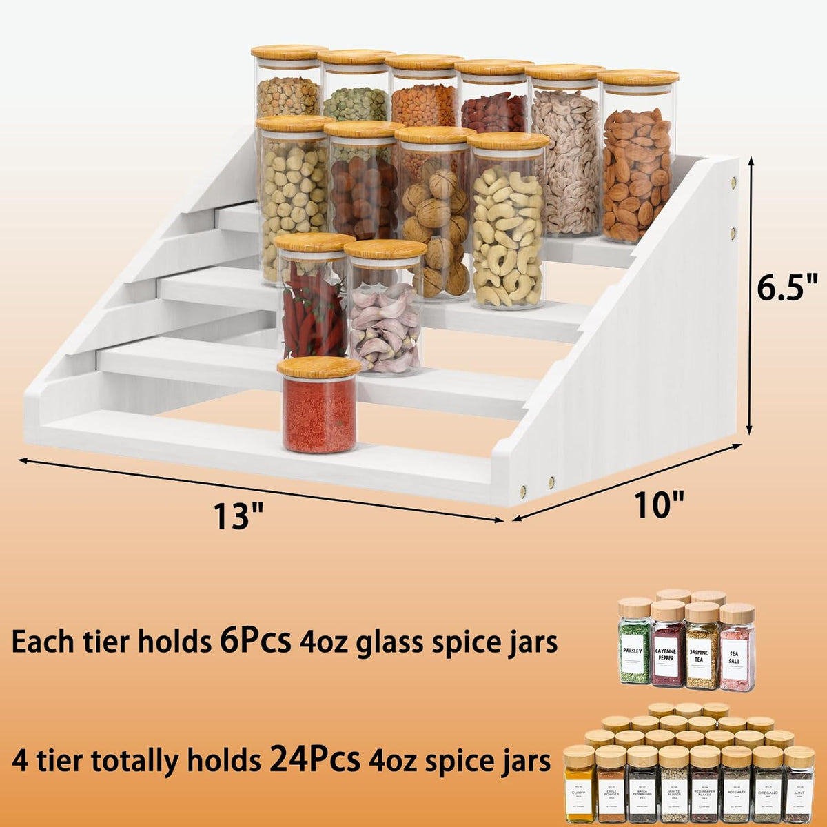 Solid Wood Spice Rack Organizer for Countertop & Cabinet, 4 Tier Adjustable Wooden Spice Shelf with Sliding Track