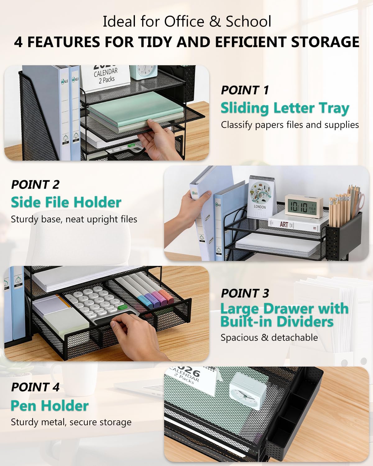 WALI Desk File Organizer, 4 Tier Desktop Paper Letter Tray Organizer with Drawer and 2 Pen Holders, Office Desk