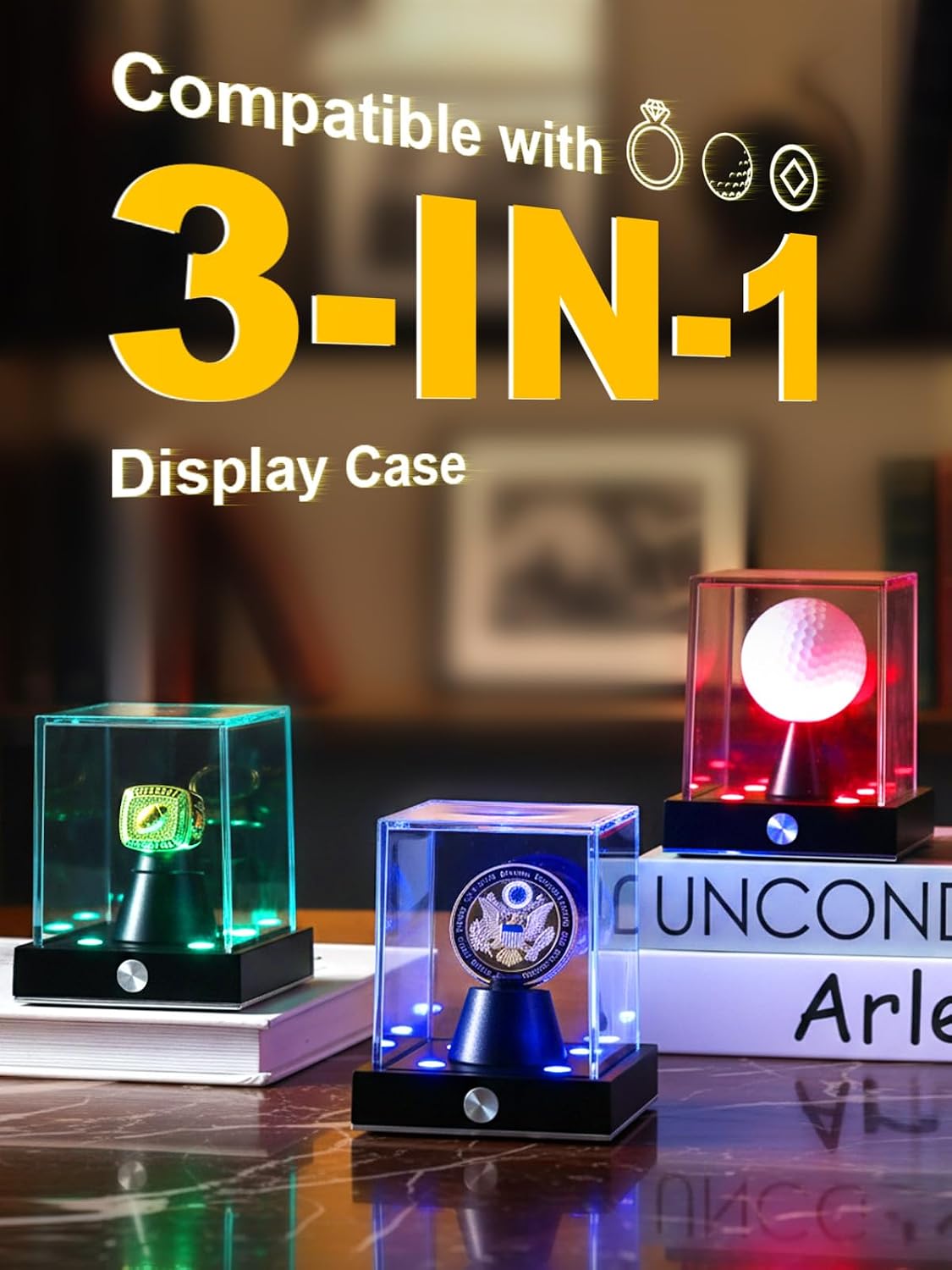 Cordless LED Challenge Coin Display Case, Clear Acrylic Single Silver Dollar Holder with 10 Color Light up, Autograph