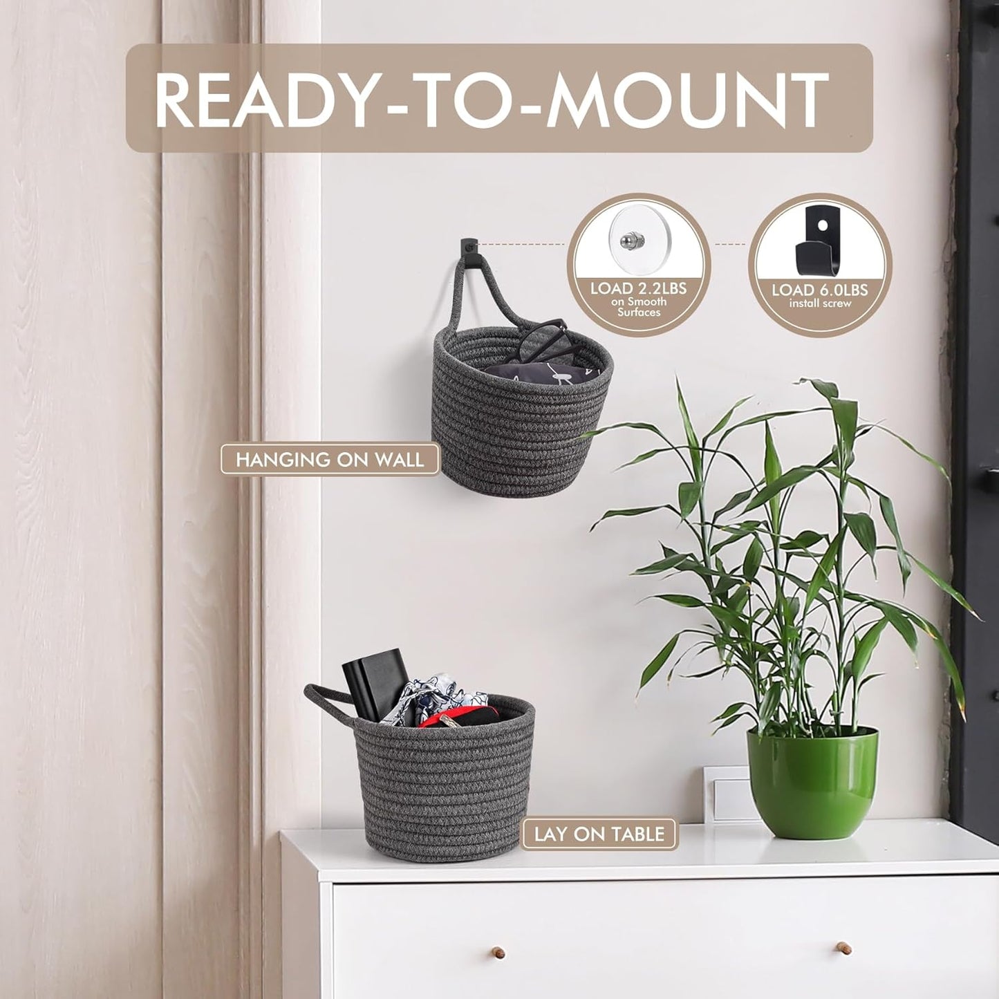 Adhesive Hooks / Storage Organizers / Dark Gray & Black / Set of 3
