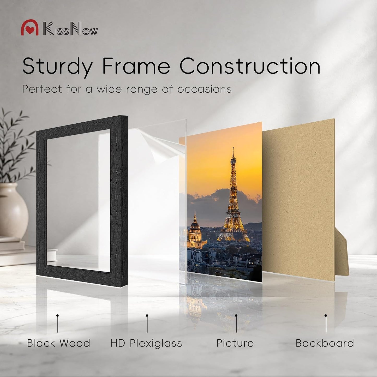 8x10 Picture Frame 4 Pack, Black Solid Wood, Wall or Tabletop | Gallery Wall Set, Thick & Wide Border, Polished