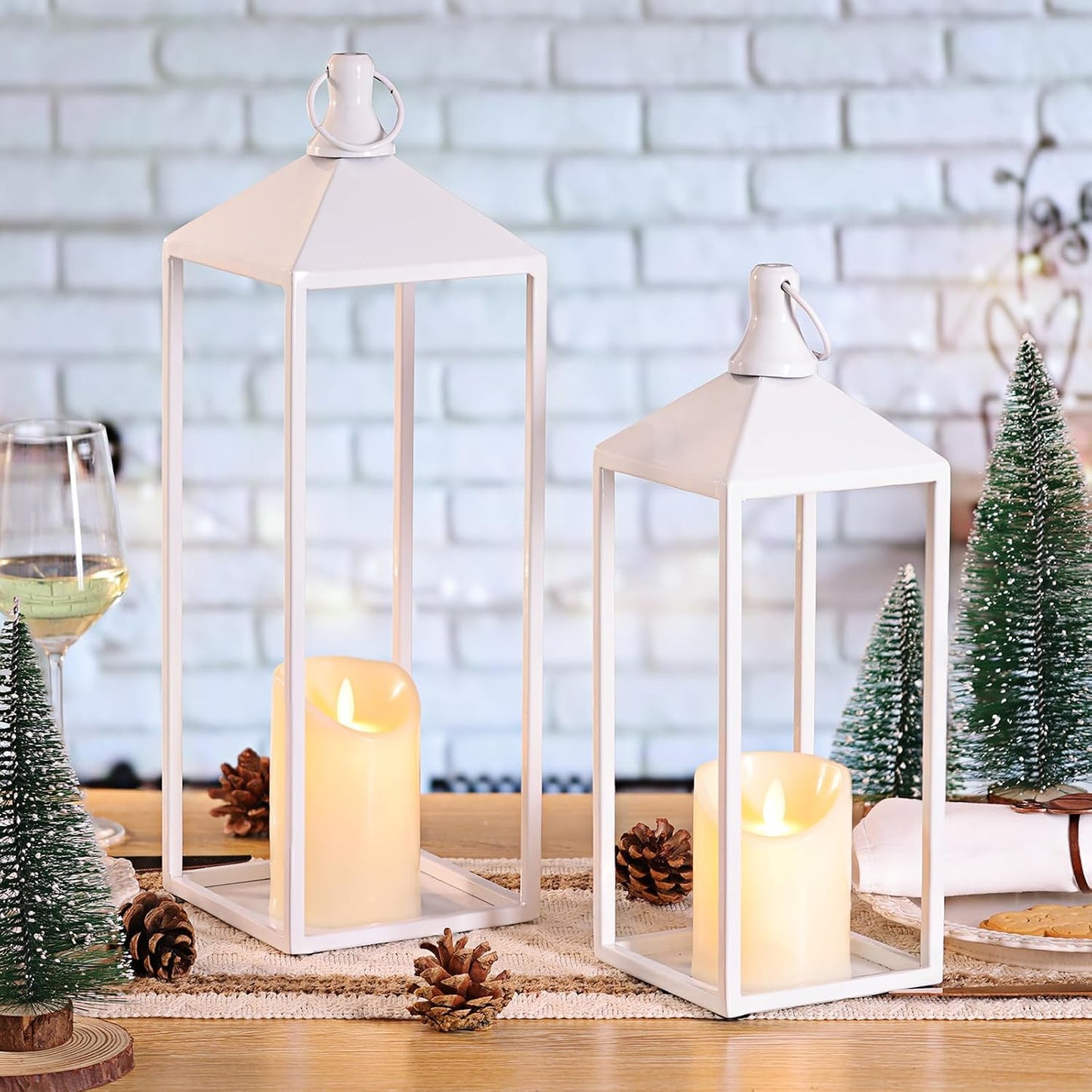 White Decorative Lantern Decor 17" 13" Set of 2 Wedding Lantern with Candle | White Candle Lanterns Decorative Modern