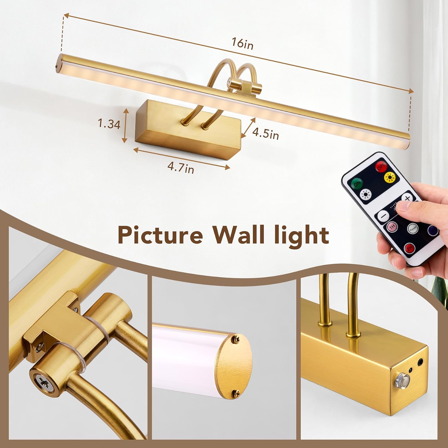 Picture Light for Wall,5000mAh Wireless Wall Light,16" Art Light,Brass | Rechargeable Photo Lights,Remote Timer and