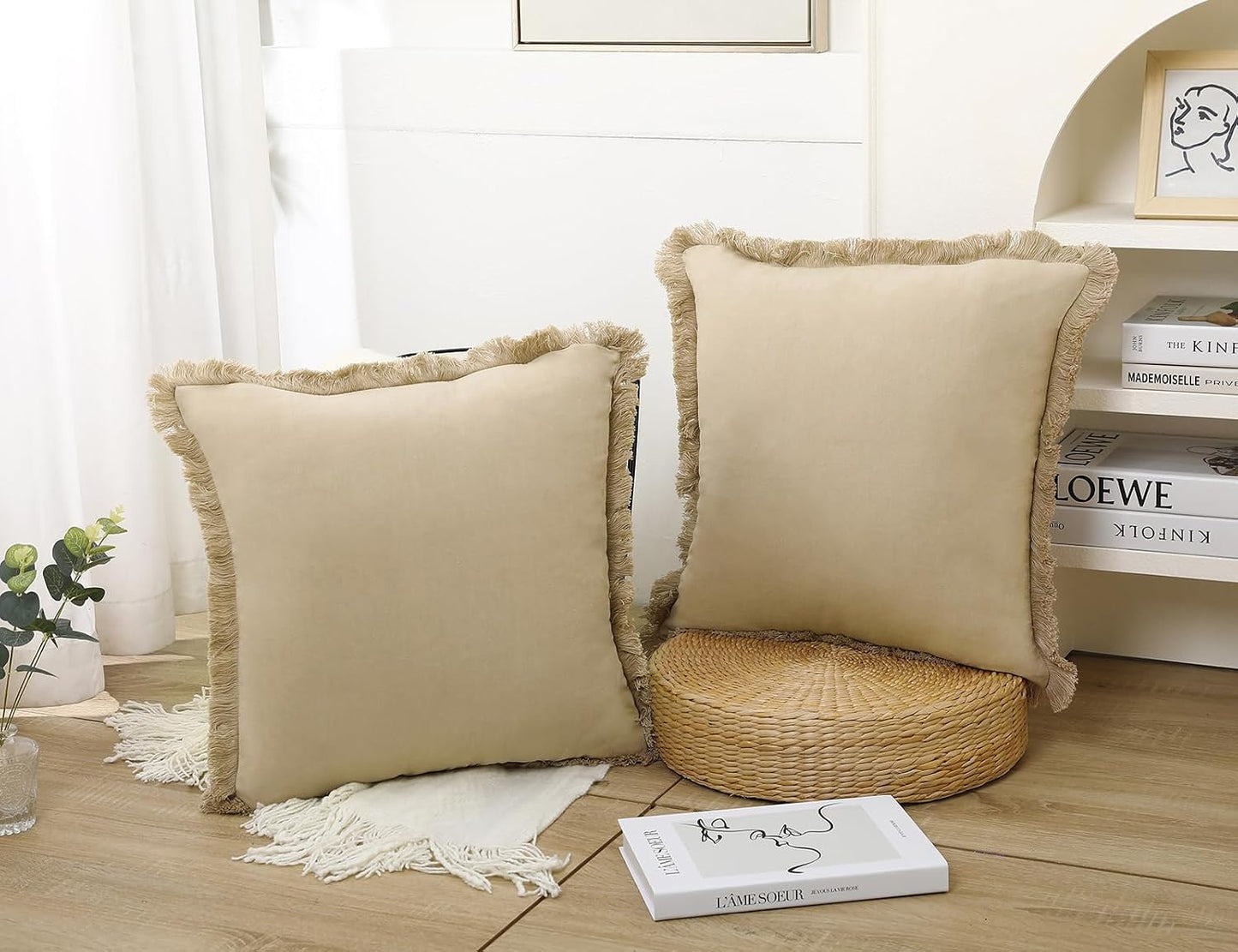 Natural Linen Fringed Throw Pillow Covers / Beige / 20 x 20 / Set of 2