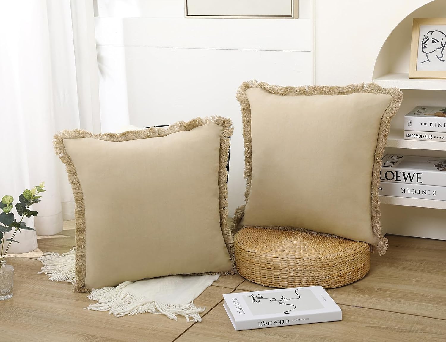 Natural Linen Fringed Throw Pillow Covers / Beige / 20 x 20 / Set of 2
