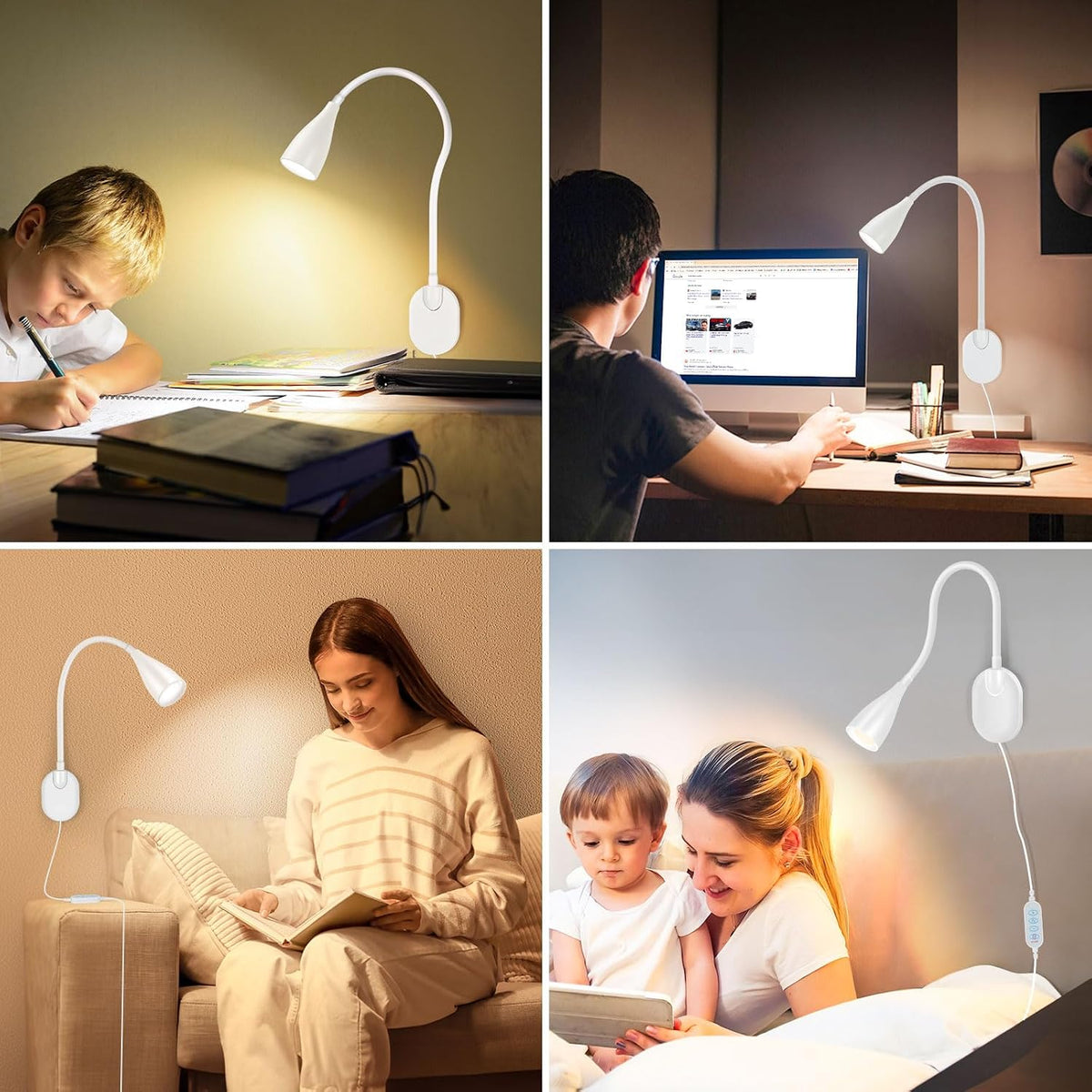 2 Pack LED Wall Mounted Reading Light, 5 Color Modes,10 Brightness Dimmable | USB Charging Port, Memory Timer Adhesive