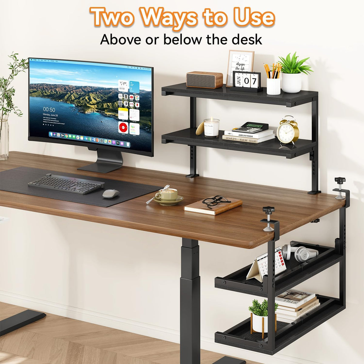 IBUYKE Clamp on Desk Shelf, 22.8” Large Desk Extender Shelves UTMZ010B | Tool-Free, Flexible Repositioning,Adjustable