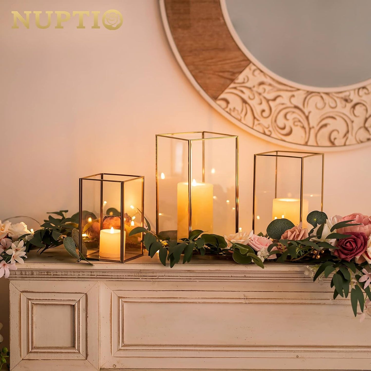 Nuptio Glass Hurricane Candle Holder Set of 3 Gold Pillar Candle Holders Large Rectangular Candleholder Table