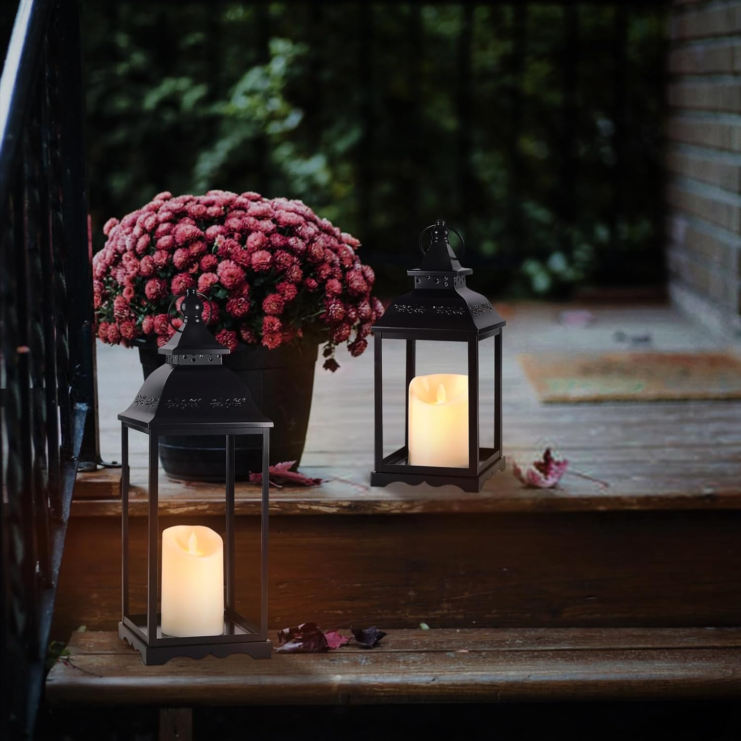 Decorative Candle Lanterns Set of 2, Black Metal for Indoor & Outdoor | Ideal For Porch, Entryway, Wedding & Christmas
