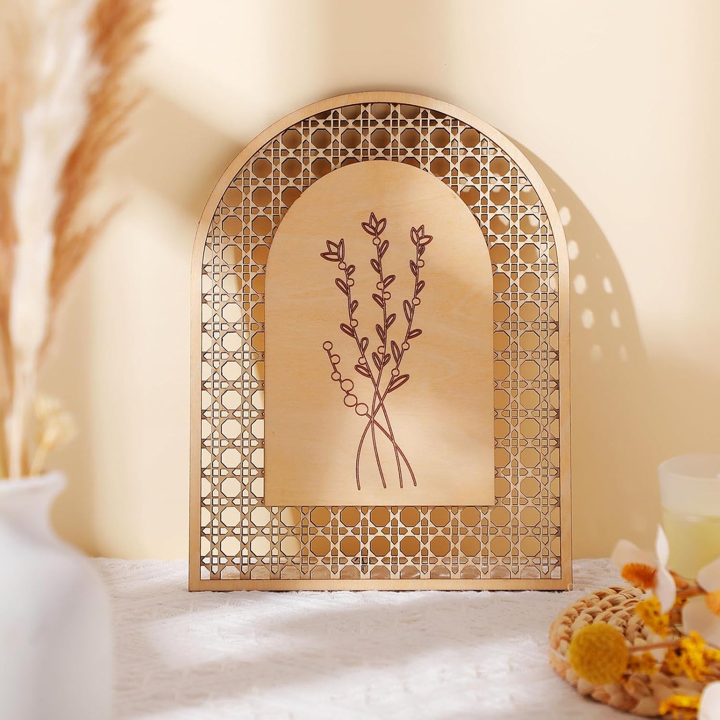 Rattan Wooden Boho Wall Decor Floral Room Wall Art Aesthetic Nursery Farmhouse / Natural / Set of 4