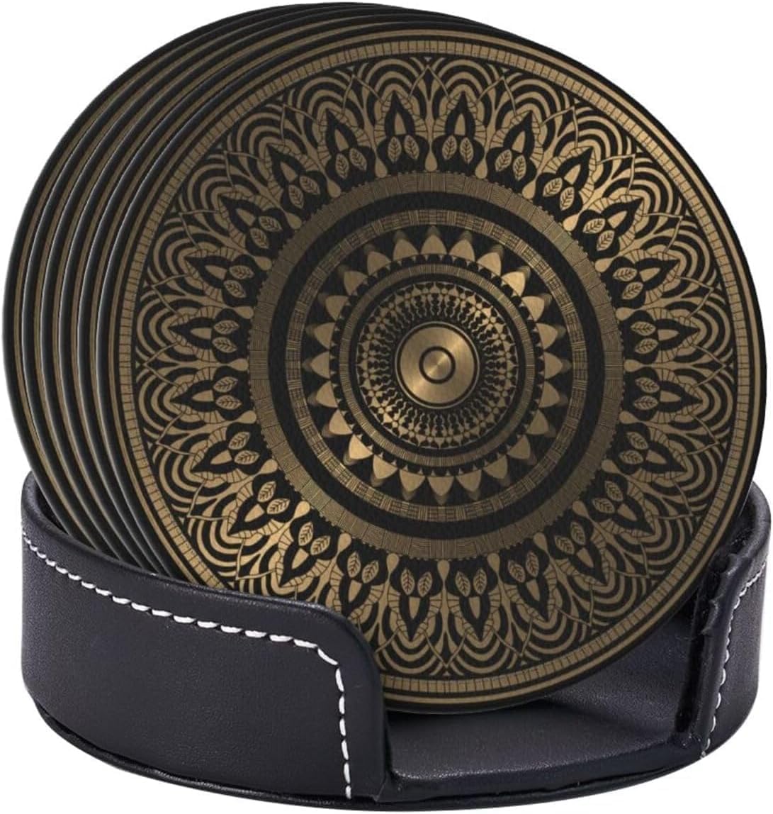Holder Stand / Pu Leather Absorbent Coasters / Gold Black Mandala Rosette / Set of 6