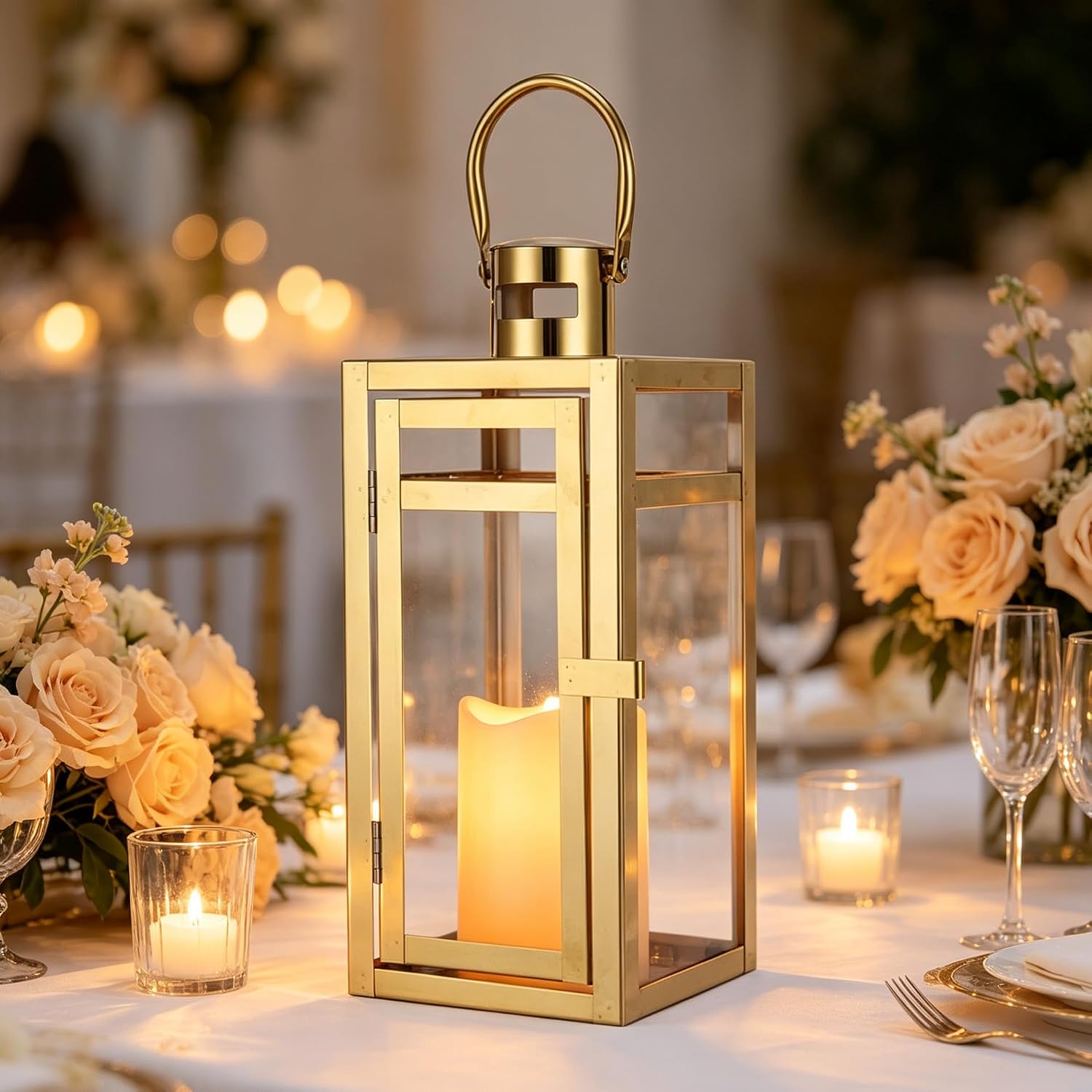 TRIROCKS Stainless Steel Decorative Lantern 12'' High Metal Candle Holder Outdoor Candle Lantern with Tempered Glass