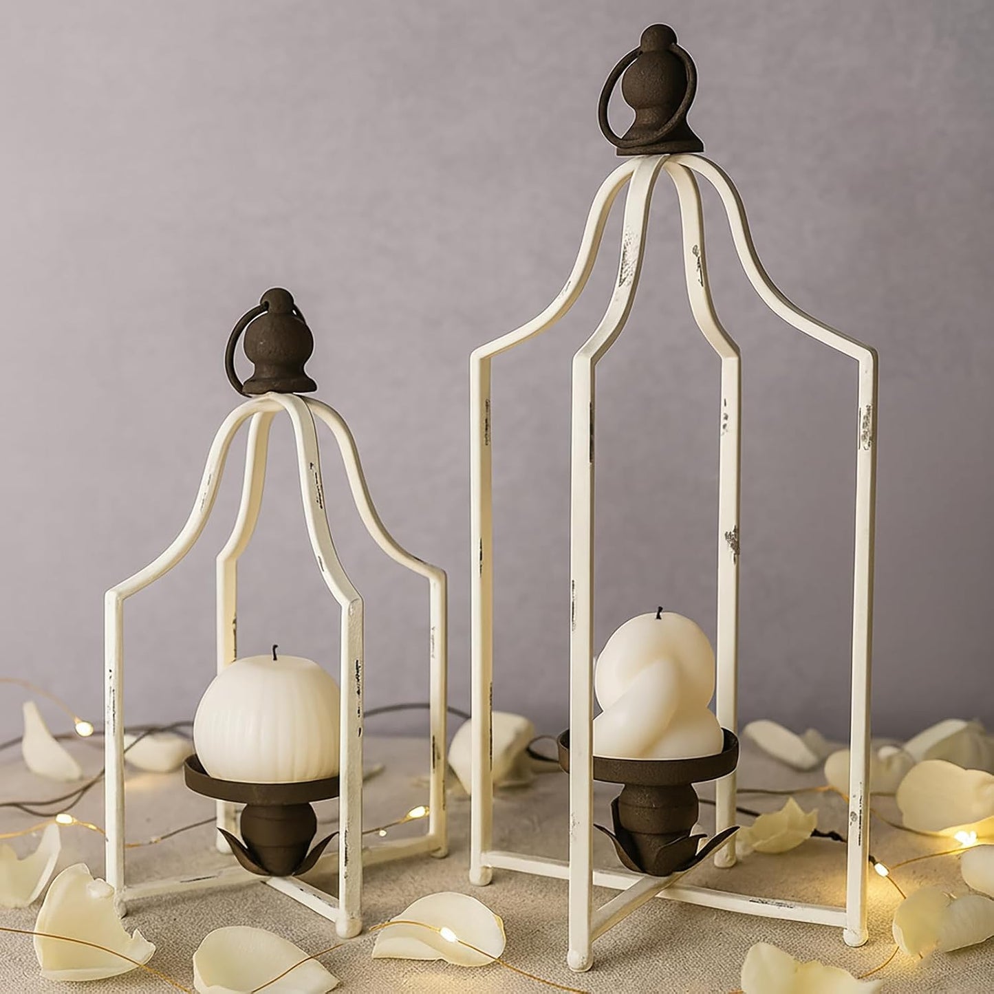 12.5" & 16.5" Timeless Cozy Decorative Lanterns Set of 2, Handcrafted Metal Iron Candle Holders, Farmhouse Elegance