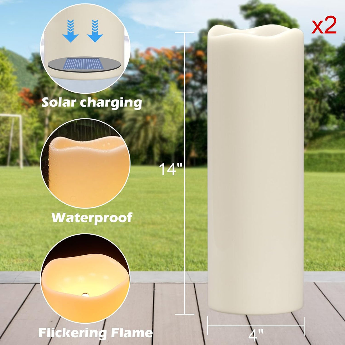 GenSwin Solar Candles Outdoor Waterproof Lantern Ivory White 4 x 14 in | IP65, Sensor for Dusk to Dawn, Large Pillar