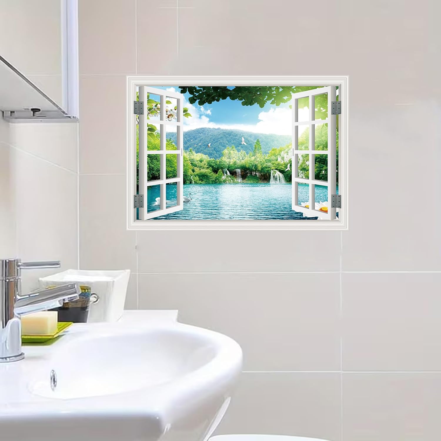 ‌ Fake Window Wall Mural -Spring Lake Landscape Peel and Stick Wall Sticker Decal / Ly-01 / 48 x 32