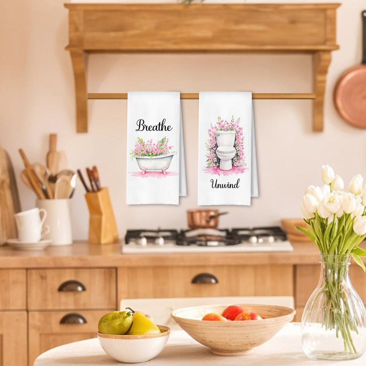 Farmhouse Pink Botanical Bathroom Hand Towels, Relax Breathe Soak Unwind Botanical Decorative Hand Towels for Gym Yoga