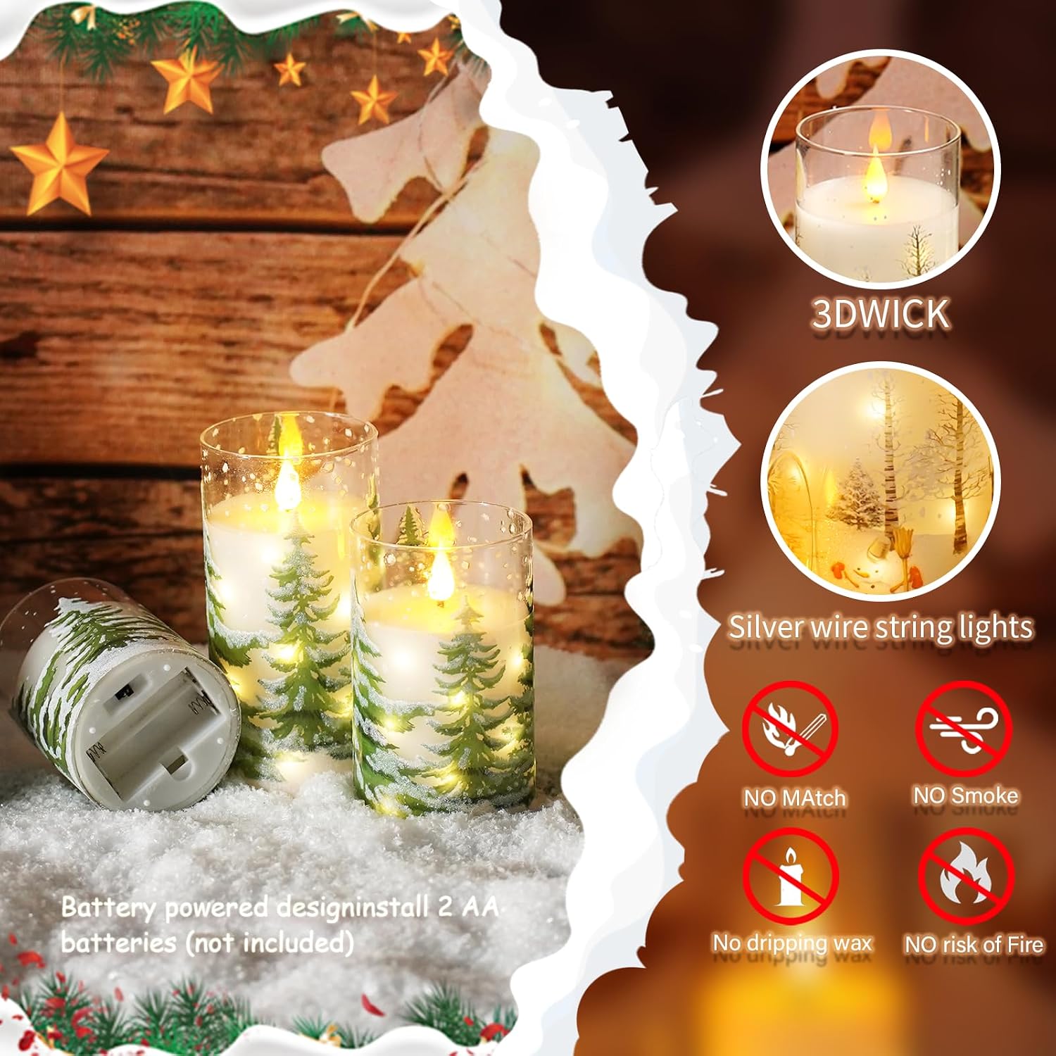 Christmas Flameless Candles with Remote - White LED Candles & String Lights, with Glass casing Battery Operated Set of