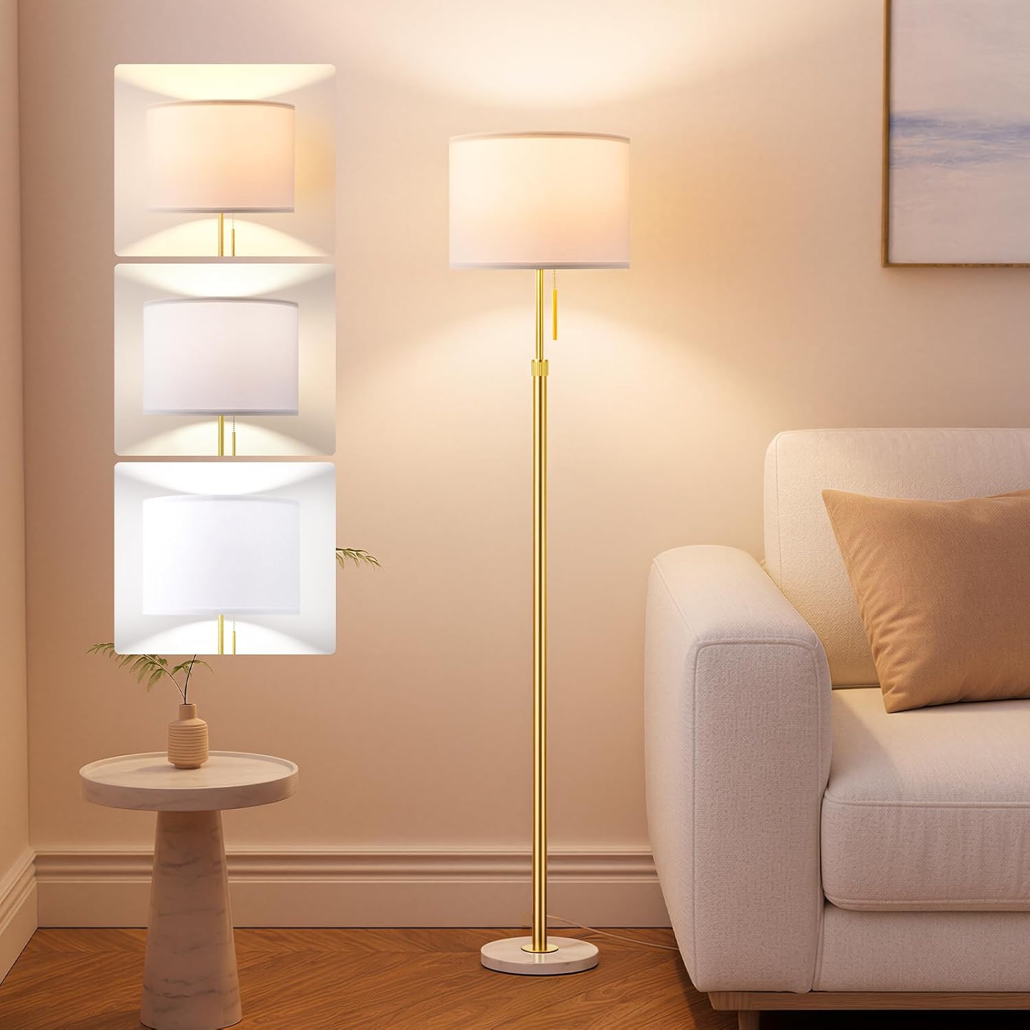 Ambimall Height Adjustable Modern Gold Floor Lamp, Gold & White