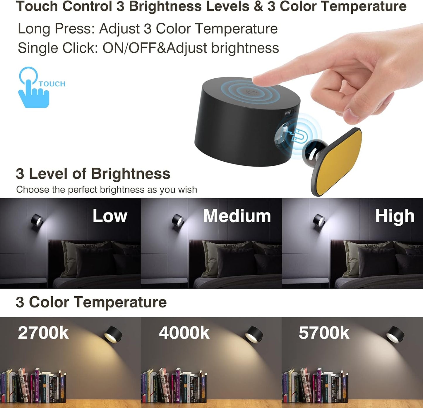 AKSDA Battery Operated Wall Sconce, LED Reading Light, 360-Degree Rotation Magnetic Mounting Rechargeable Cordless Wall