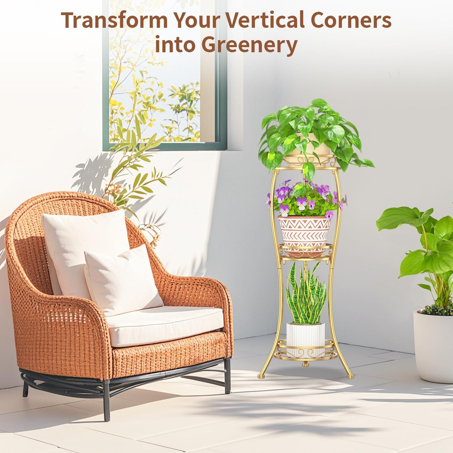 LASZOLA 3 Tiers Metal Corner Plant Flower Stand Tall Indoor Outdoor, Gold | Heavy Duty Small Holder Shelf for Multiple