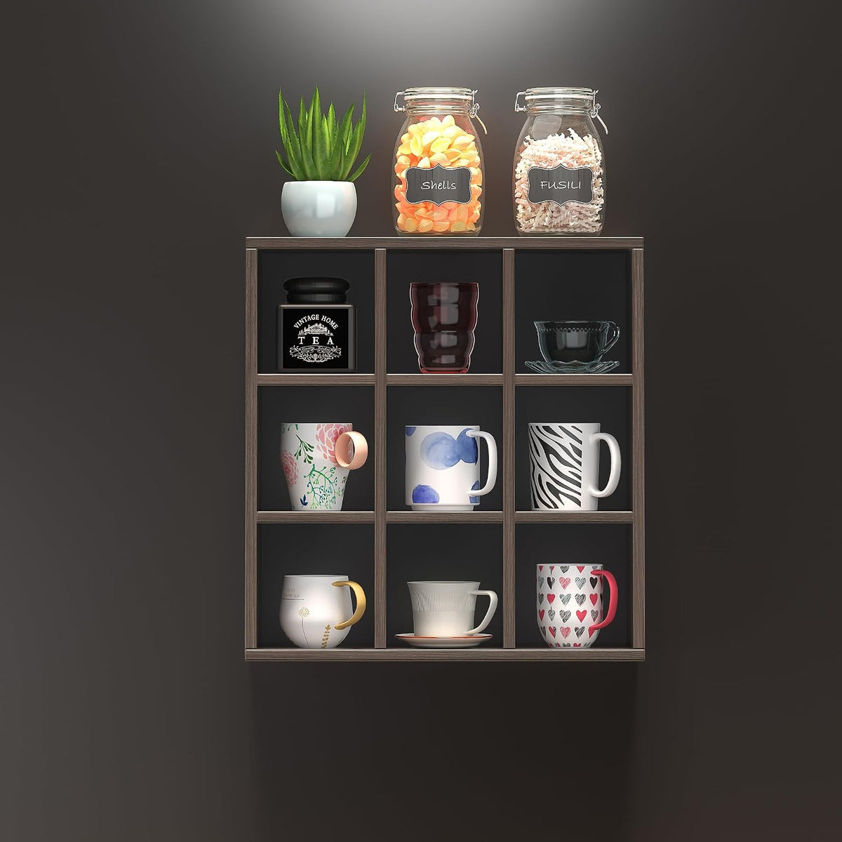 Helsin 9 Grid Vintage Coffee Mug Display Rack, 16inch Wall Mounted Wooden Curio Shadow Box Shelf, Cup Floating Shelves