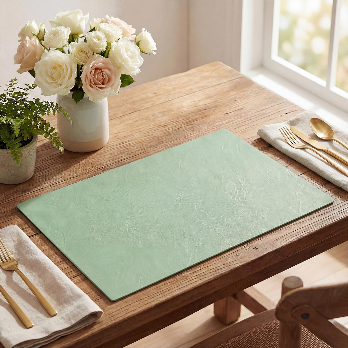 Artoid Mode Sage Faux Leather Placemats Set of 6, 12x18 Inch Waterproof Wipeable Heat Resistant Vinyl Place Mats