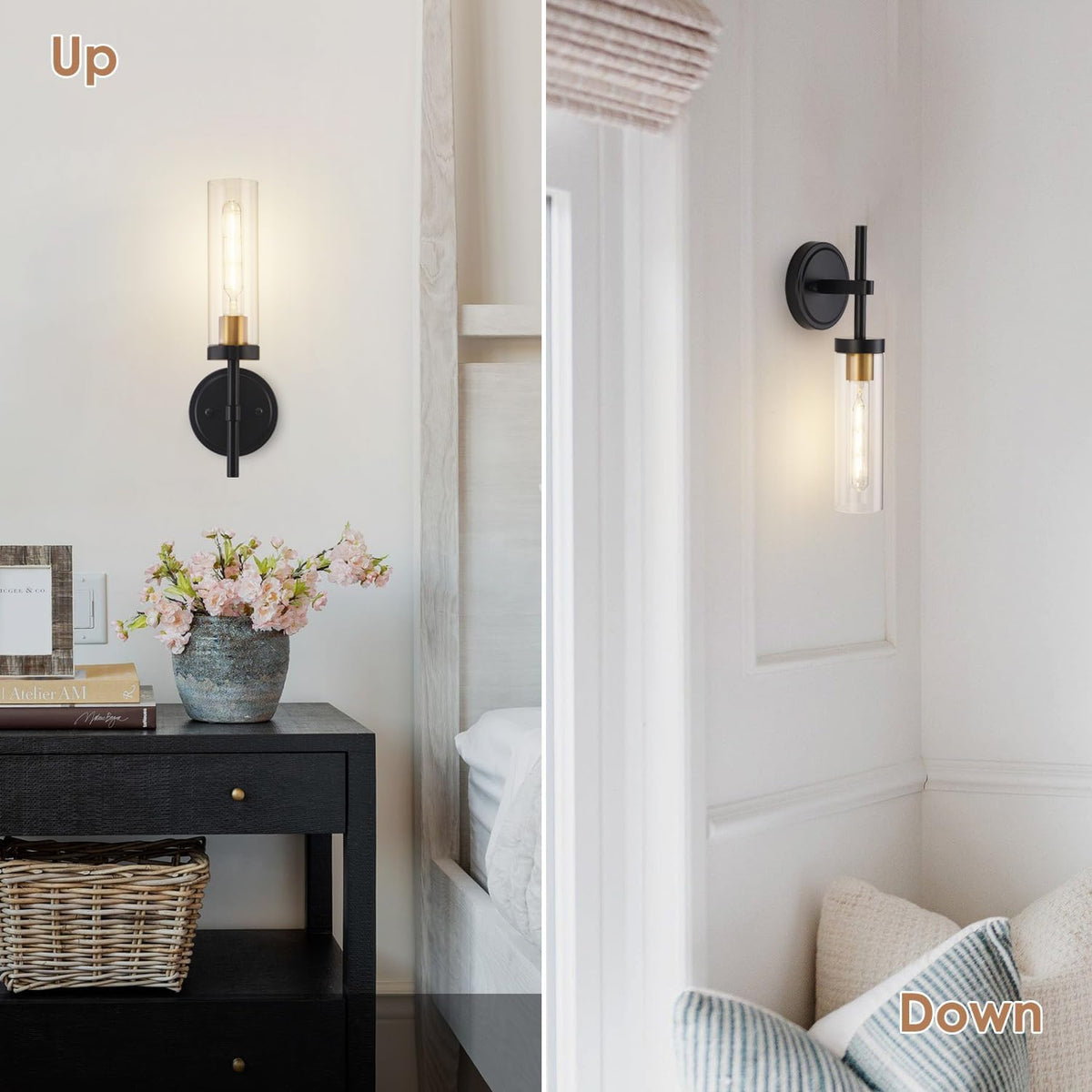 Hardwired Wall Sconces Set of Two, Bathroom Vanity Sconces Wall Lighting with Clear Glass Shade, Black and Gold Modern