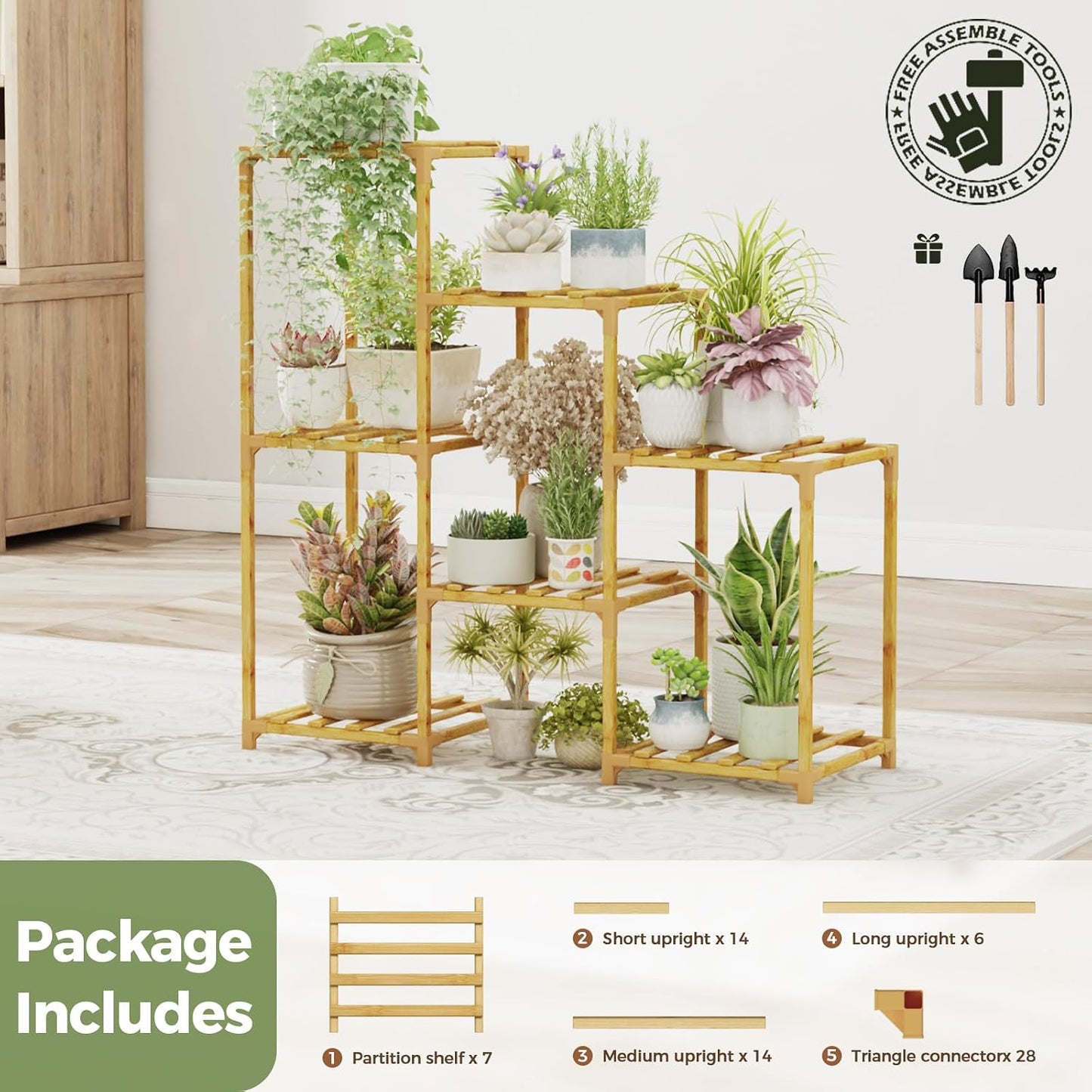 Bamworld Bamboo Plant Stand Indoor Boho Plant Shelf Tiered Plant Rack | for Multiple Plants 3 Tiers 7 Pots Ladder Plant