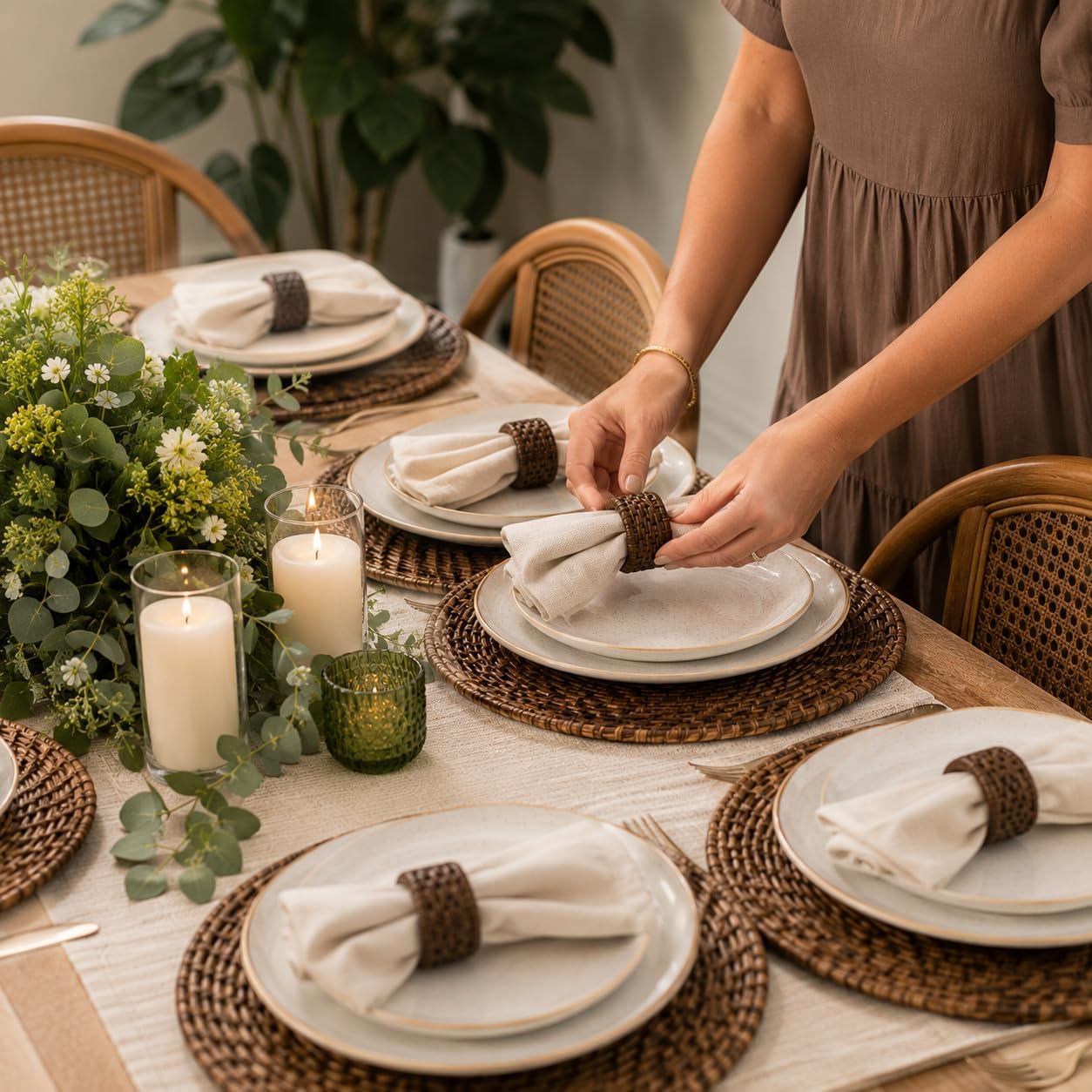 Jute Cane Napkin Rings, Woven, 12-Pack, Walnut | Plastic & cane, 2.25x2.25x1.5 in each, reusable, farmhouse, boho