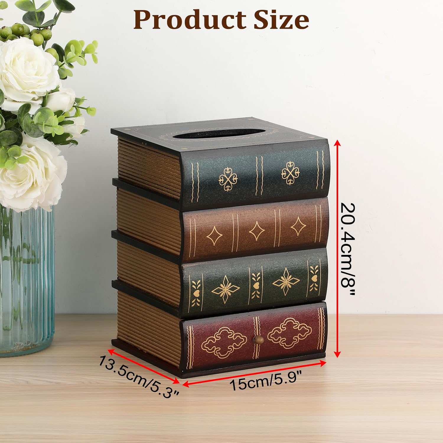 Antique Wooden Book Tissue Box Cover / Green Top