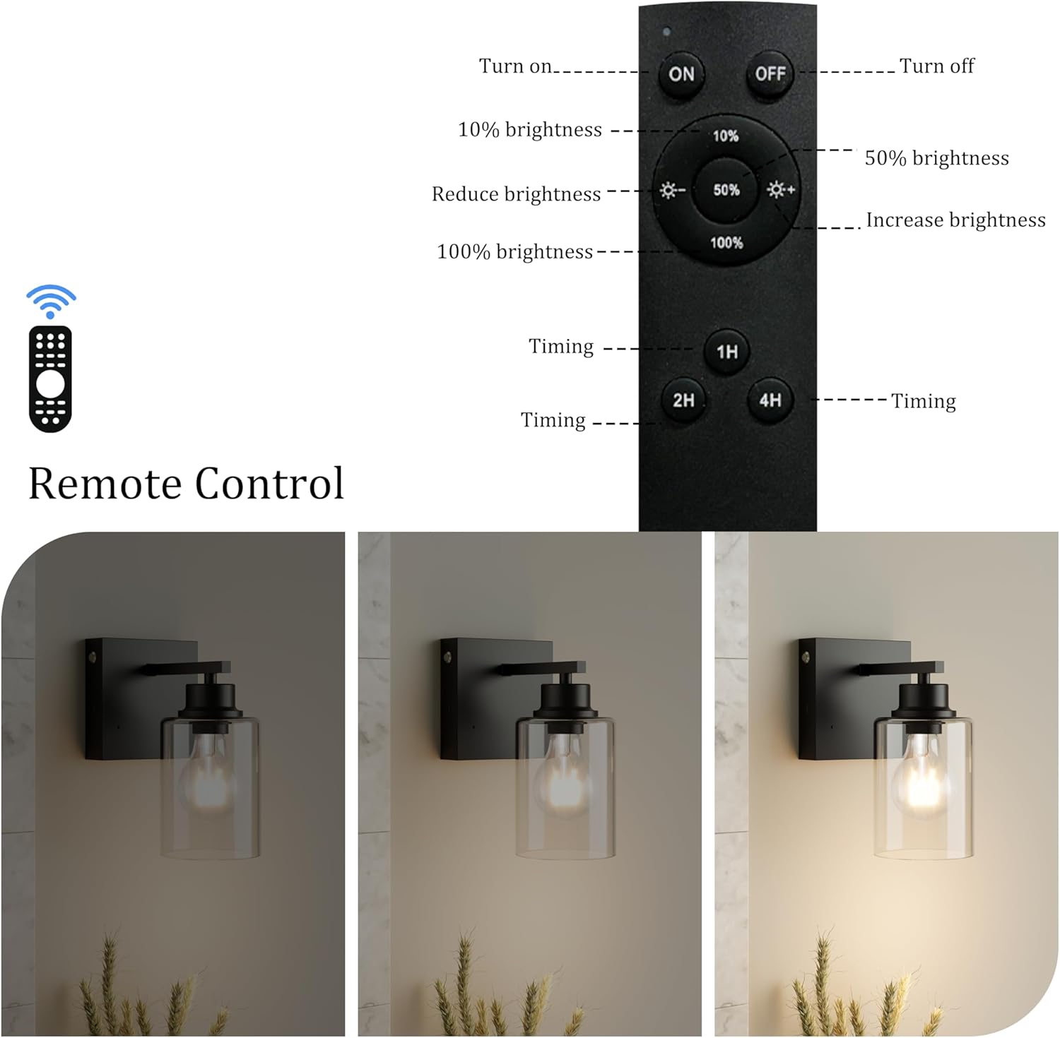 Wireless Battery Operated Wall Sconce Set of Two with Remote Control | Black Dimmable Rechargeable Wall Lights with