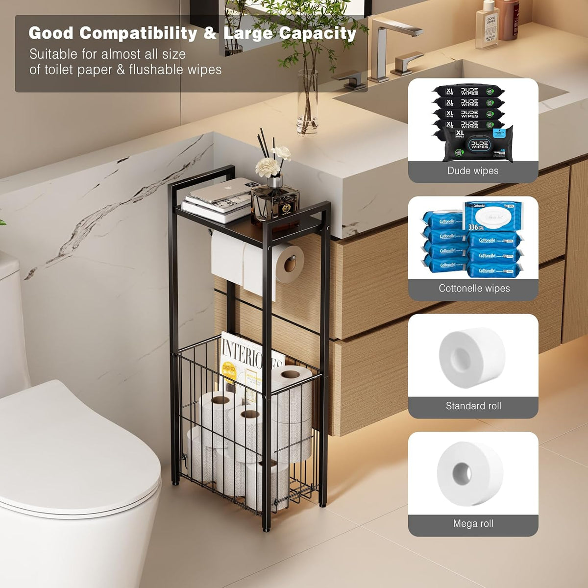 VOLDRA Toilet Paper Holder Stand with Storage Shelf, Free Standing Toilet Paper Roll Holder with Large Basket Heavy