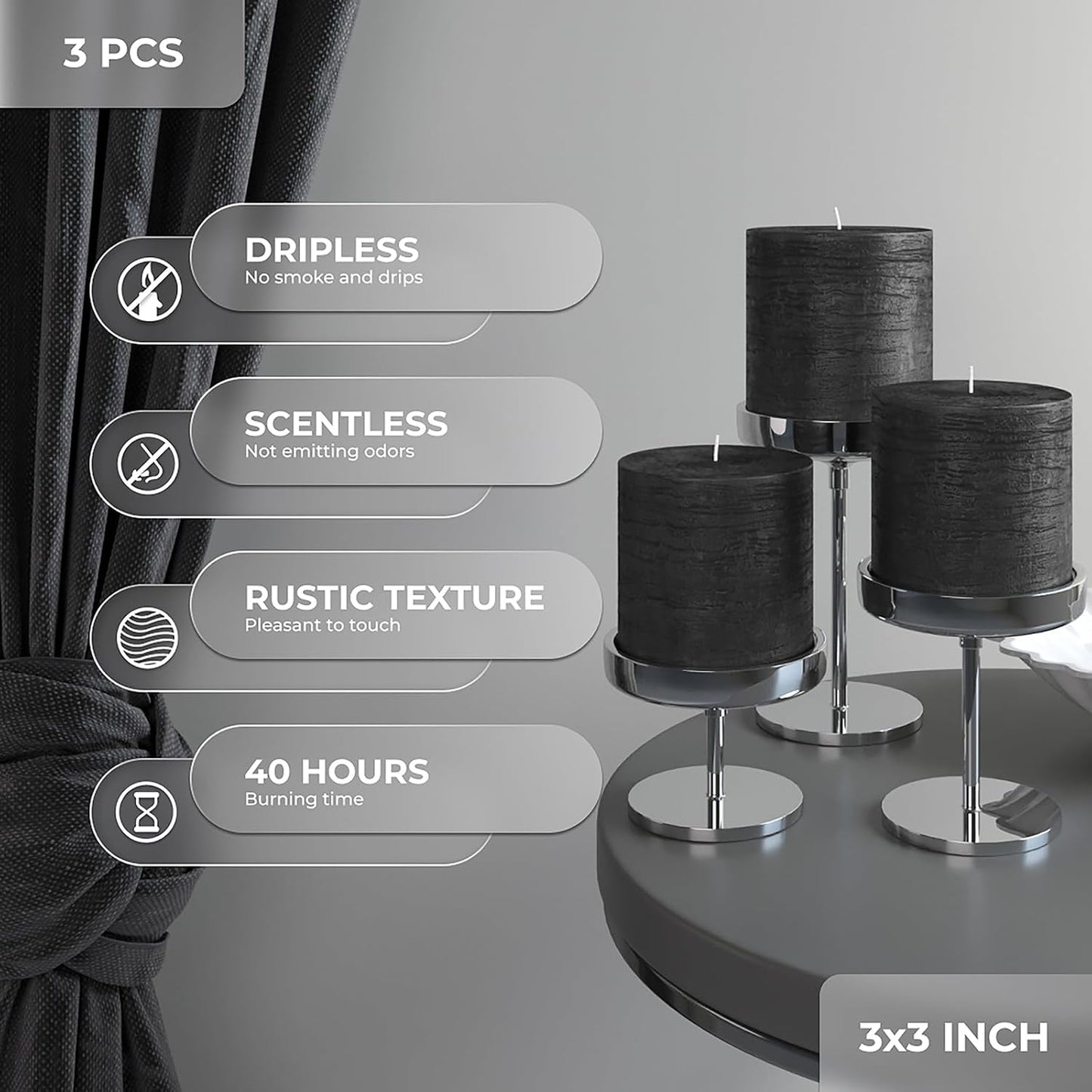 3x3 Pillar Candles Set of 3 - Rustic Unscented No Drip Black Candles for Halloween Decor, Parties, Gothic Décor