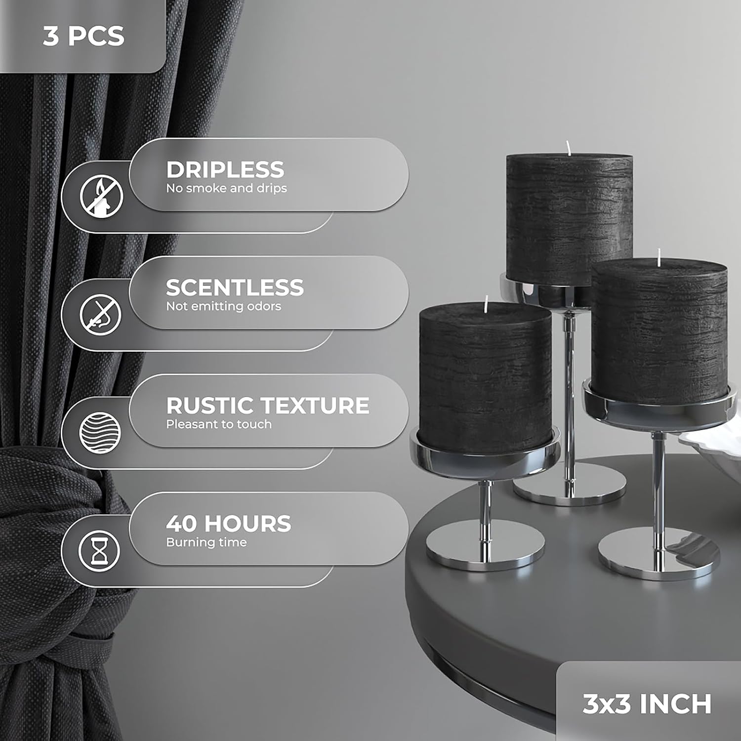 3x3 Pillar Candles Set of 3 - Rustic Unscented No Drip Black Candles for Halloween Decor, Parties, Gothic Décor