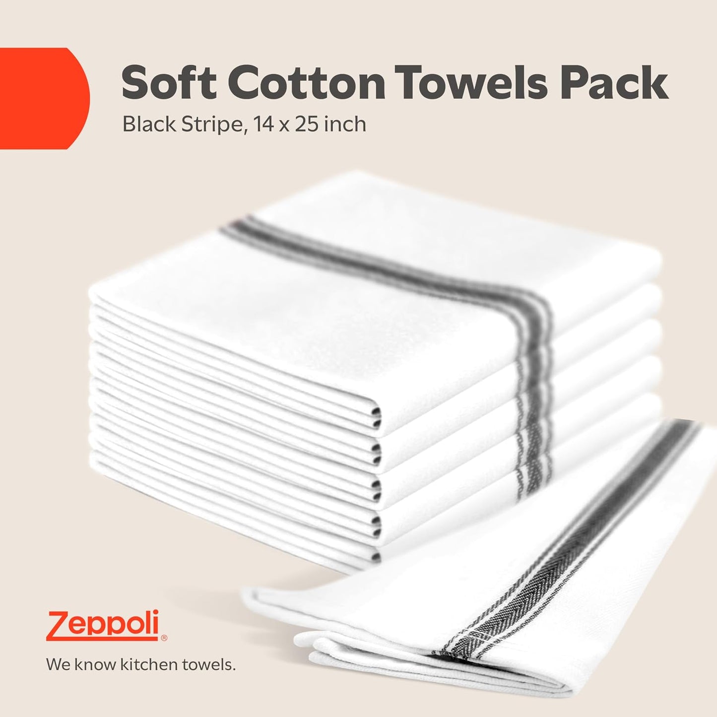Zeppoli Classic Kitchen Towels - 15 Pack 100% Natural Cotton Kitchen Towel Set, Reusable Wash Cloths, Absorbent Dish