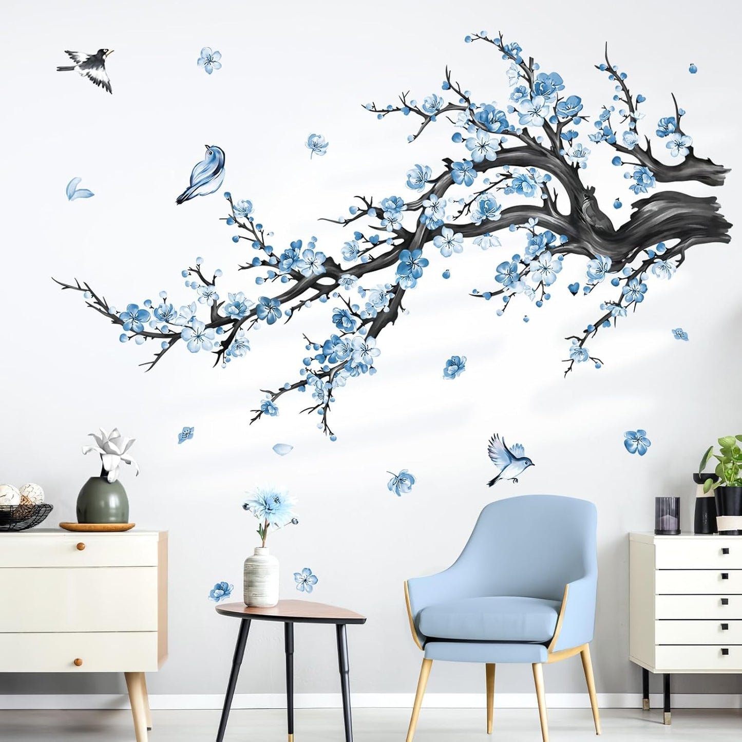 Branch Wall Decals Watercolor Blossom Floral Tree Branches Wall Stickers Living Room / Blue Flower